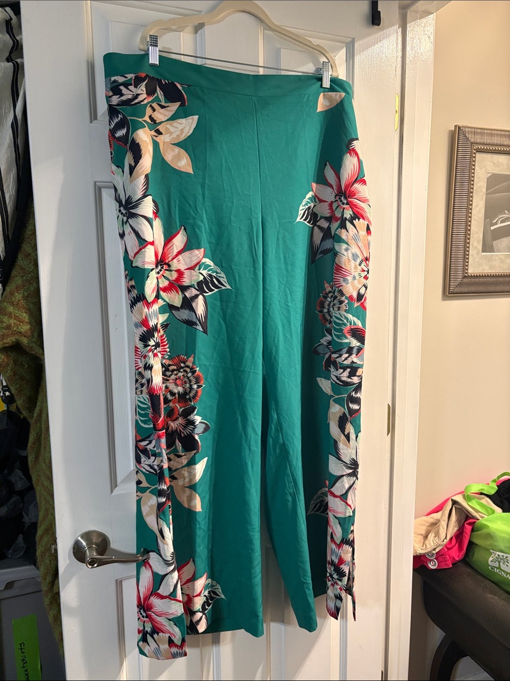 New York & Company Teal Wide-Leg Floral Panel Pants